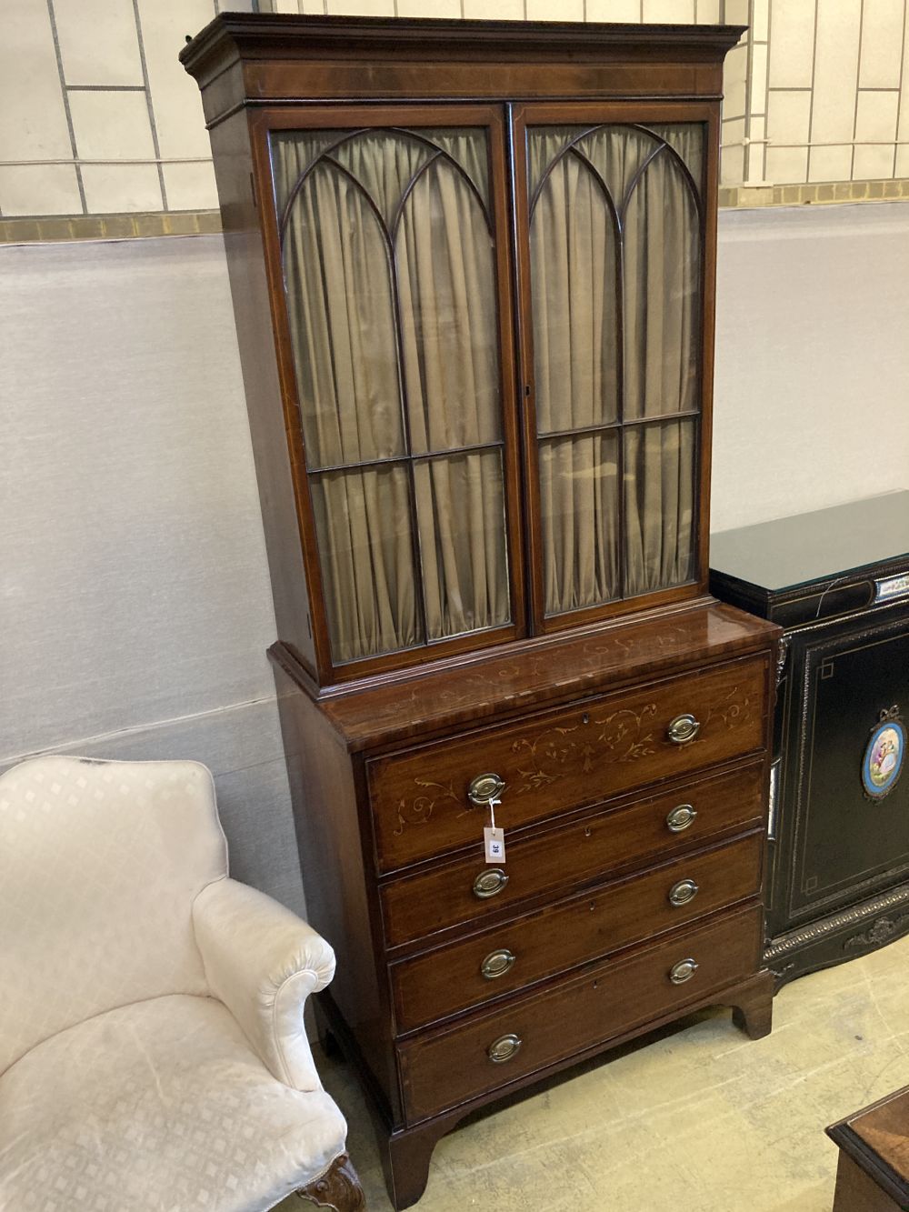 A George III mahogany secretaire bookcase, later inlaid, width 92cm, depth 48cm, height 210cm